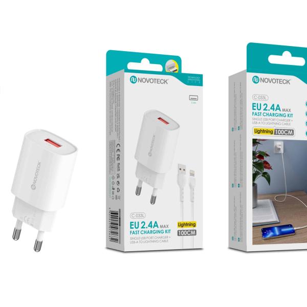 Kit Carregador Rápido USB 2.4A com Cabo Lightning 100cm – Modelo C - 033L