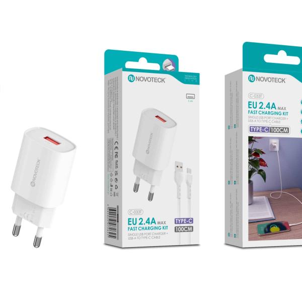 Kit Carregador Rápido USB 2.4A com Cabo Tipo C 100cm – Modelo C - 033T