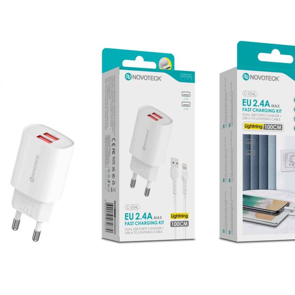 Kit Carregador Rápido USB Duplo 2.4A com Cabo Lightning 100cm – Modelo C - 034L