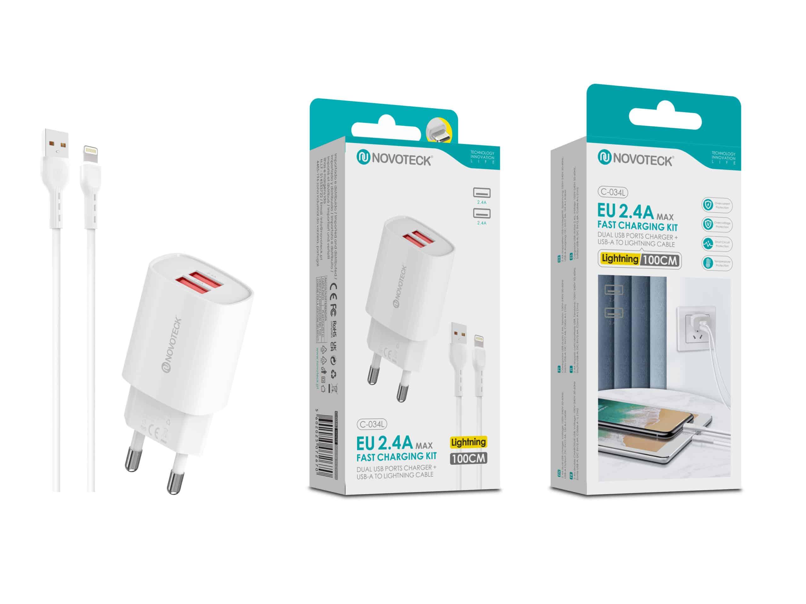 Kit Carregador Rápido USB Duplo 2.4A com Cabo Lightning 100cm – Modelo C - 034L