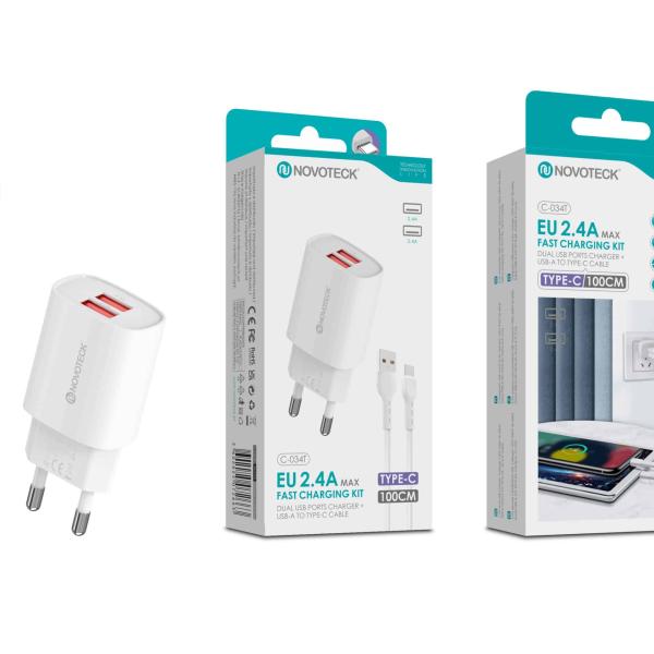 Kit Carregador Rápido USB Duplo 2.4A com Cabo Tipo C 100cm – Modelo C - 034T