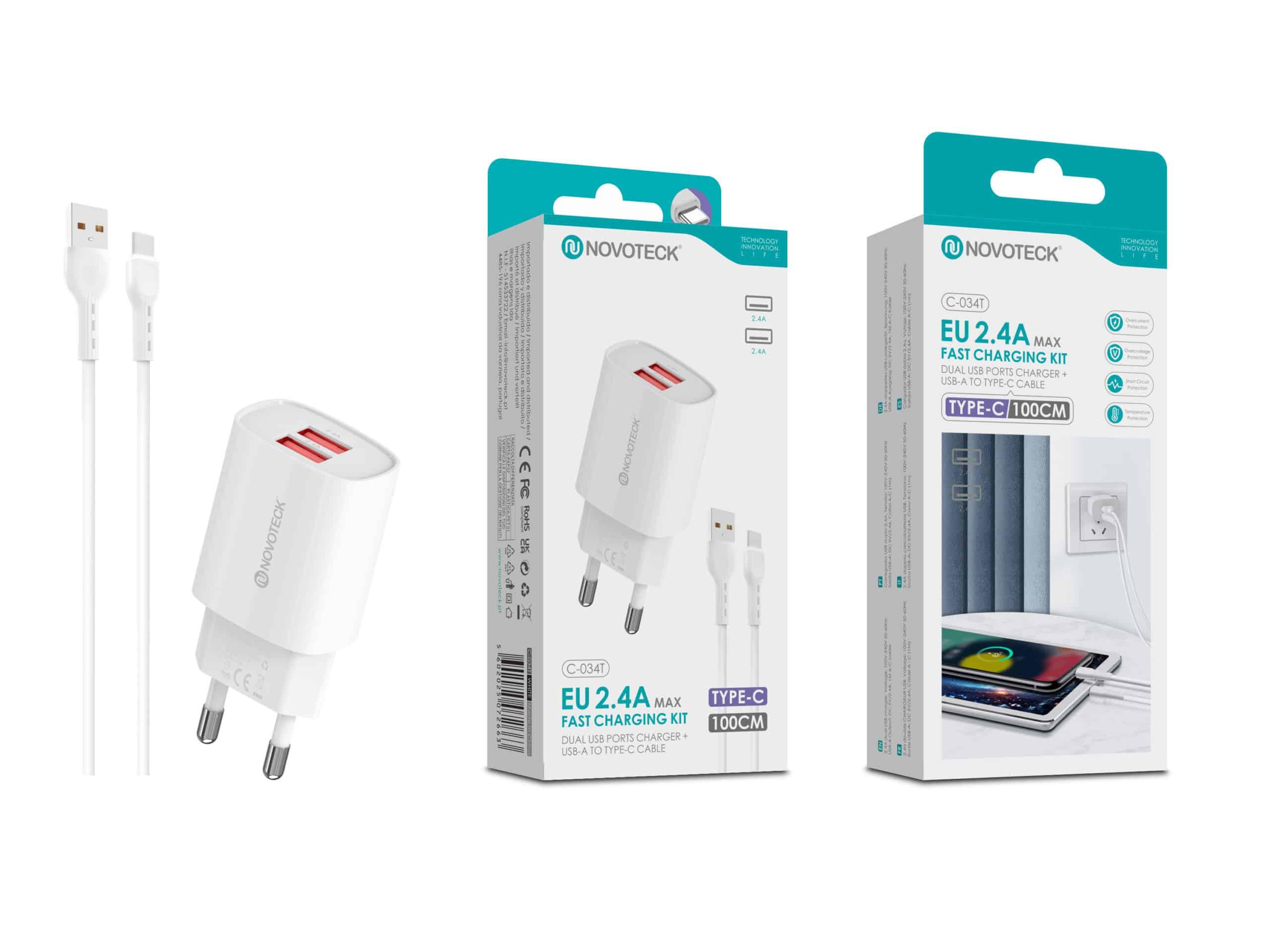 Kit Carregador Rápido USB Duplo 2.4A com Cabo Tipo C 100cm – Modelo C - 034T