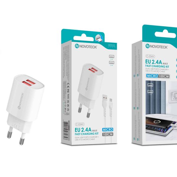 Kit Carregador Rápido USB Duplo 2.4A com Cabo Micro USB 100cm – Modelo C - 034V