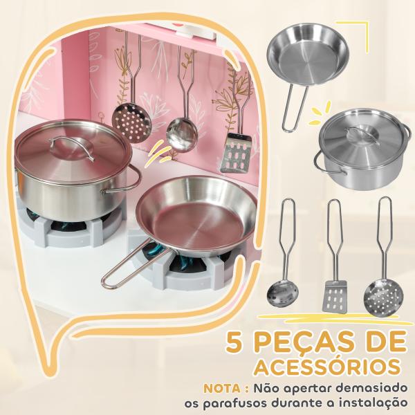Cozinha de Madeira para Crianças com Sons Fogão Forno Micro - Ondas Máquina de Gelo e Acessórios 90x33,3x91,6 cm Rosa