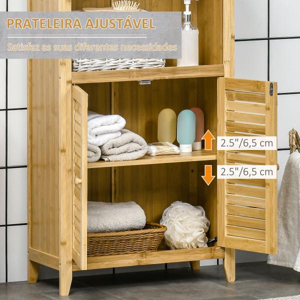 Armário Auxiliar Casa de Banho de Bambu com 2 Portas Compartimento Aberto e Prateleira Ajustável 50x25,5x92 cm Madeira