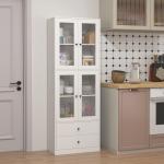 Armário de Cozinha Alto Móvel Auxiliar de Cozinha com 4 Portas de Vidro 2 Gavetas Prateleiras Ajustáveis 59x30x170 cm, Branco