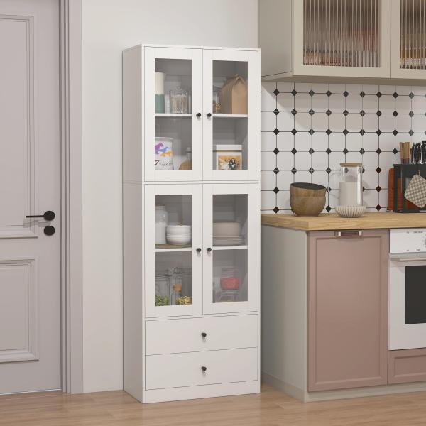 Armário de Cozinha Alto Móvel Auxiliar de Cozinha com 4 Portas de Vidro 2 Gavetas Prateleiras Ajustáveis 59x30x170 cm, Branco