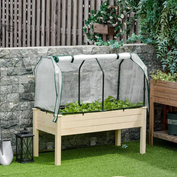Horta Vertical Elevada de Madeira 121x55x117cm com Cobertura de Proteção Mesa de Jardinagem para Cultivo de Flores Vegetais e, Jardim Terraço Madeira Natural