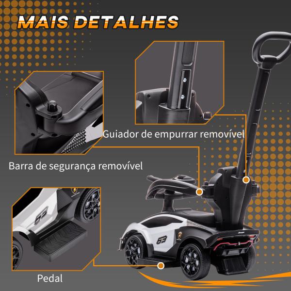 2 em 1 Carro Andador para Crianças 12 - 36 Meses Lamborghini Essenza SCV2 Carro Andador com Buzina Guiador e Grade de Segurança Removível 86,5x40x89,5cm Branco e Preto