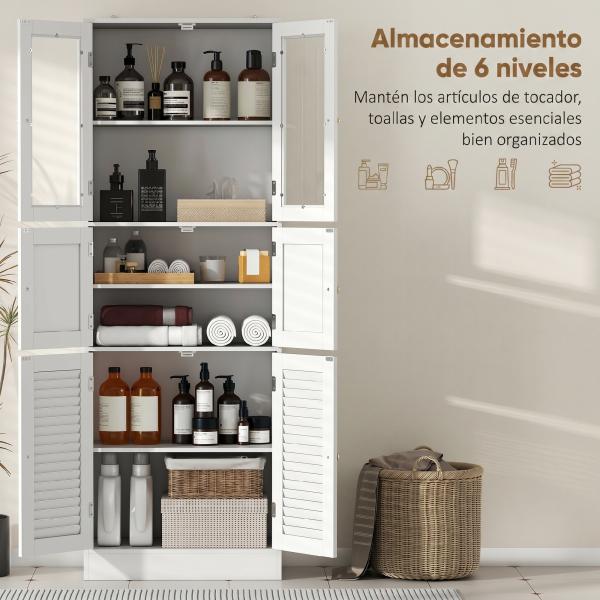 Armário de Casa de Banho Alto com Portas de Vidro Portas de Ripas e Prateleiras Ajustáveis 60x30x170 cm Branco