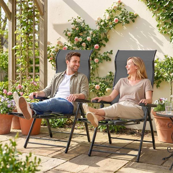 Conjunto de 2 Cadeiras Dobráveis Reclináveis de Jardim Exterior com Encosto Alto Ajustável em 5 Posições Apoio para Pés Cinza Escuro
