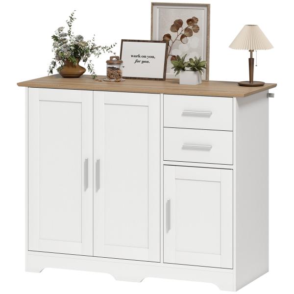Aparador para Sala com 2 Gavetas, Armário de Cozinha com Prateleira Ajustável, 100 x 40 x 78 cm, Branco e Natural