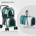 Carrinho Duplo para Cães Gatos Dobrável com 2 Transportadoras Portáteis Cinto de Segurança 66x50x98 cm Turquesa e Cinza