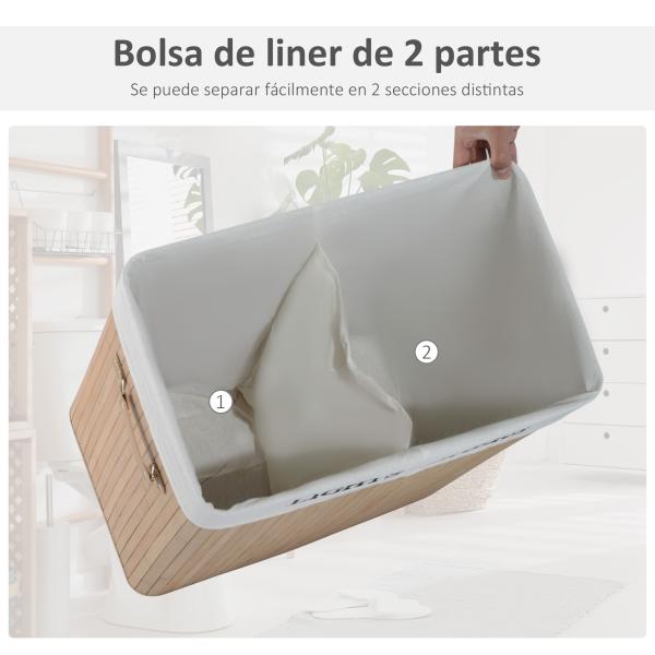 Cesto de Roupa de Bambú Capacidade de 100L Cesta para Roupa Suja Retangular com Tampa Removível Bolsa com 2 Compartimentos 52x32x63cm Bambú