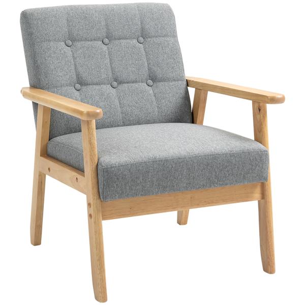 Poltrona Sala de Estar Estofada em Linho com Apoio para os Braços e Estrutura de Madeira de Borracha 64x75x76 cm Cinza Claro