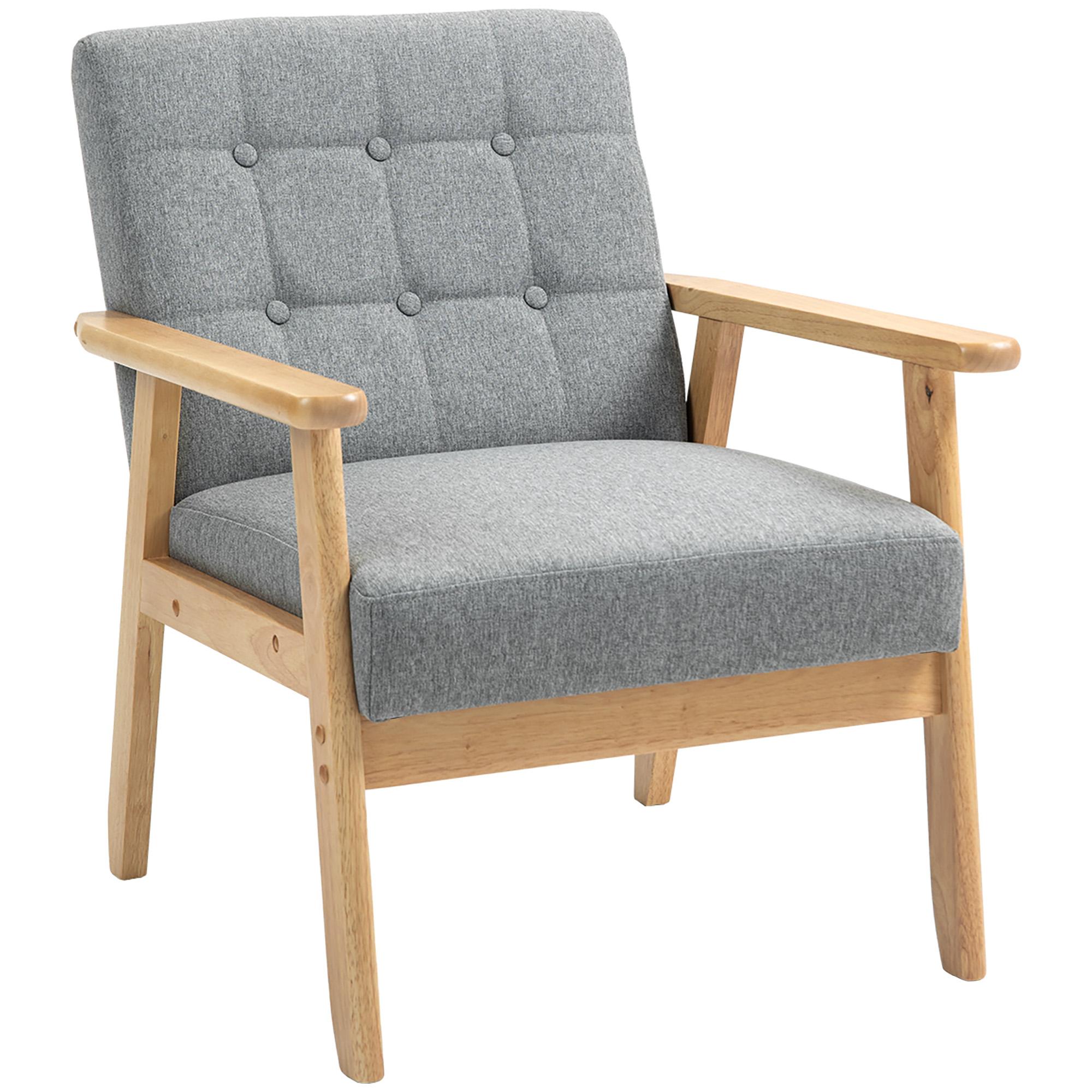 Poltrona Sala de Estar Estofada em Linho com Apoio para os Braços e Estrutura de Madeira de Borracha 64x75x76 cm Cinza Claro