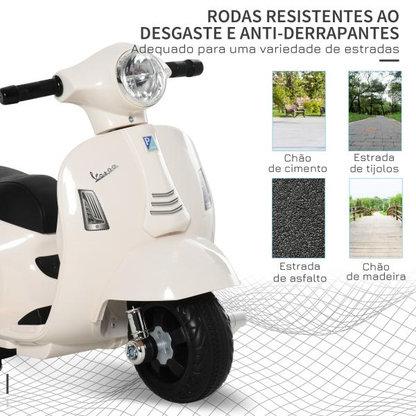 Mota Elétrica Vespa 6V com Farol Buzina e Rodas Auxiliares para Crianças de 18 - 36 Meses Branco 66,5x38x52 cm