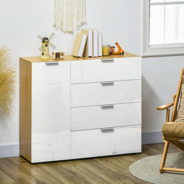 Aparador de Sala de Estar com 4 Gavetas de Alto Brilho Porta e Prateleiras Ajustáveis 105x35x92 cm Branco e Madeira