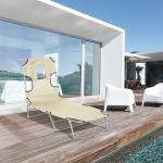 Espreguiçadeira de Jardim Reclinável e Dobrável com Orifício de Leitura Apoio para Cabeça e Encosto Ajustável em 4 Níveis para Praia 182x56x24,5 cm Bege