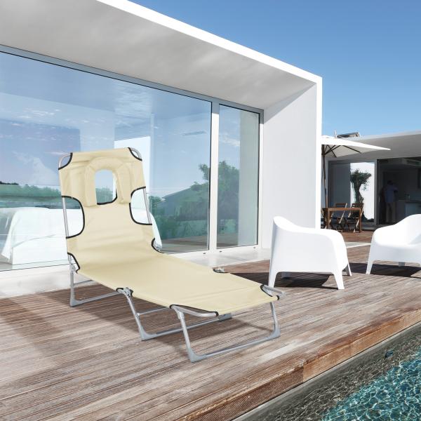 Espreguiçadeira de Jardim Reclinável e Dobrável com Orifício de Leitura Apoio para Cabeça e Encosto Ajustável em 4 Níveis para Praia 182x56x24,5 cm Bege