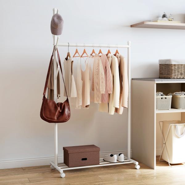Charriot com Rodas 5 Ganchos Barra para Pendurar e Prateleira Inferior 86x43x171 cm Branco