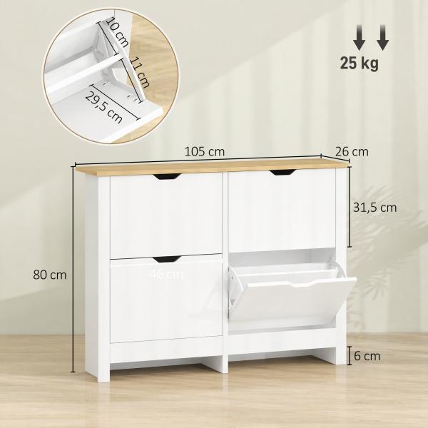 Sapateira Branca Alta com 4 Gavetas Basculantes para 16 Pares, 105x26x80 cm