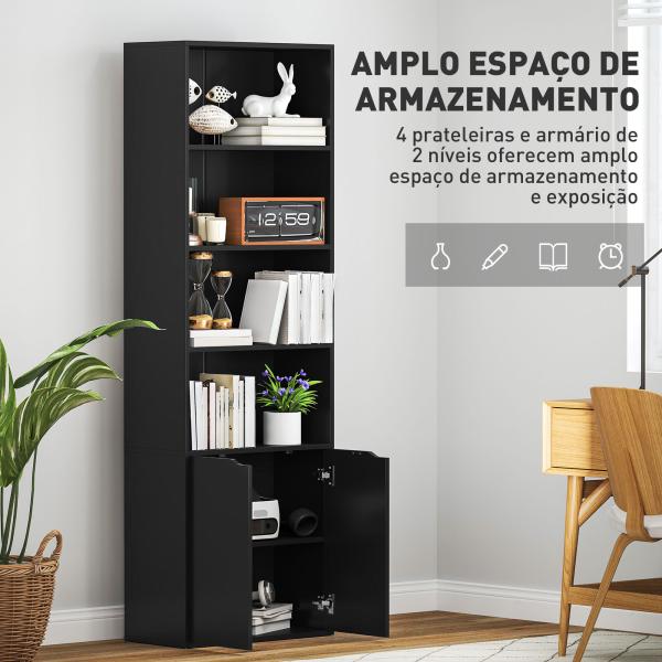 Estante para Livros de 6 Níveis Portas e 4 Prateleiras Abertas para Sala Escritório 59x29x180 cm Preto