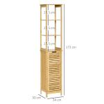 Coluna Casa de Banho de Bambú Coluna Alta para Casa de Banho com 3 Prateleiras e 1 Porta Móvel de Armazenamento para Sala de Estar Cozinha 34x30x173cm Natural