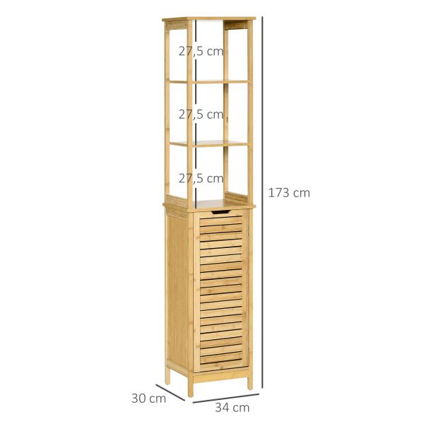 Coluna Casa de Banho de Bambú Coluna Alta para Casa de Banho com 3 Prateleiras e 1 Porta Móvel de Armazenamento para Sala de Estar Cozinha 34x30x173cm Natural