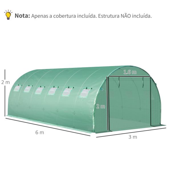 Cobertura de Estufa de Túnel 6x3x2m Cobertura de Substituição de Estufa Polietileno com 12 Janelas e Portas Enroláveis Proteção de Plantas para Jardim Verde
