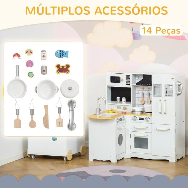 Cozinha Infantil de Madeira para Crianças de 3 - 6 Anos com Sons 14 Acessórios Cozinha Infantil com Telefone Lavatório Microondas e Grifo 82x65x87cm Branco