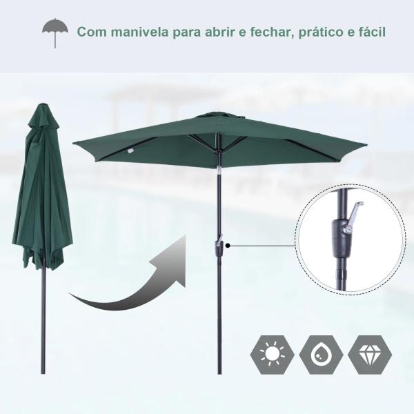 Chapéu de Sol de Jardim Ø270x235cm Chapéu de Sol de Alumínio Reclinável com Manivela e 6 Hastes para Terraço Exterior Balcão Verde