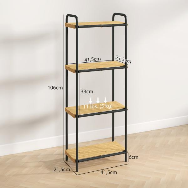 Estante de Casa de Banho de Bambu de 3 Níveis Estante de Armazenamento com 3 Prateleiras Ripas e Estrutura de Aço 41,5x21,5x106 cm Madeira e Preto