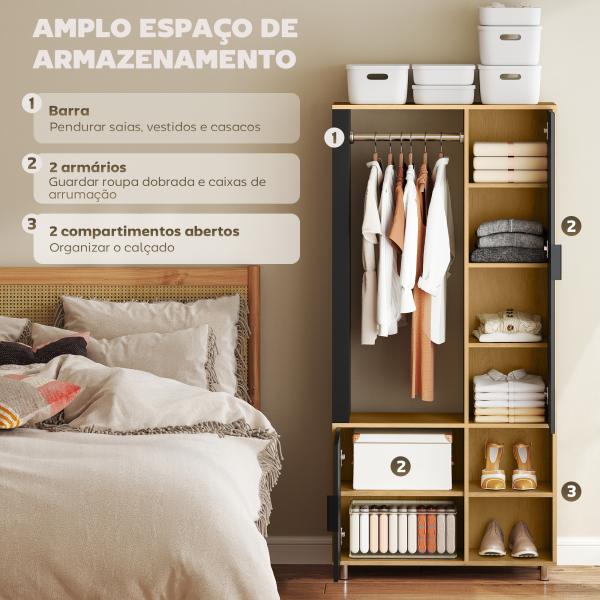 Roupeiro com Espelho e Porta Barra para Pendurar 2 Compartimentos Abertos Estilo Moderno 80x30x170 cm Madeira e Preto