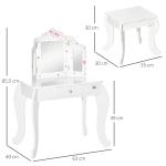 Toucador Infantil de Madeira com Banco e Espelho de Acrílico de 2 Sessões Mesa de Maquilhagem Infantil com Gaveta para Dormitório Sala de Jogos 63x40x85,5cm Branco