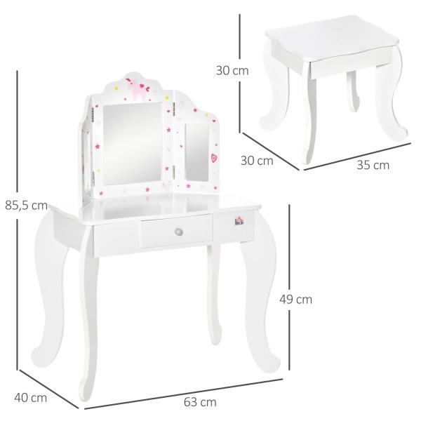 Toucador Infantil de Madeira com Banco e Espelho de Acrílico de 2 Sessões Mesa de Maquilhagem Infantil com Gaveta para Dormitório Sala de Jogos 63x40x85,5cm Branco