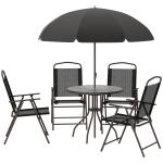 Conjunto de Jardim Refeição 6 Peças com 4 Cadeiras Dobráveis 1 Mesa com Bancada de Vidro e 1 Chapéu de Sol Preto