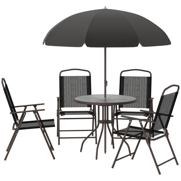 Conjunto de Jardim Refeição 6 Peças com 4 Cadeiras Dobráveis 1 Mesa com Bancada de Vidro e 1 Chapéu de Sol Preto