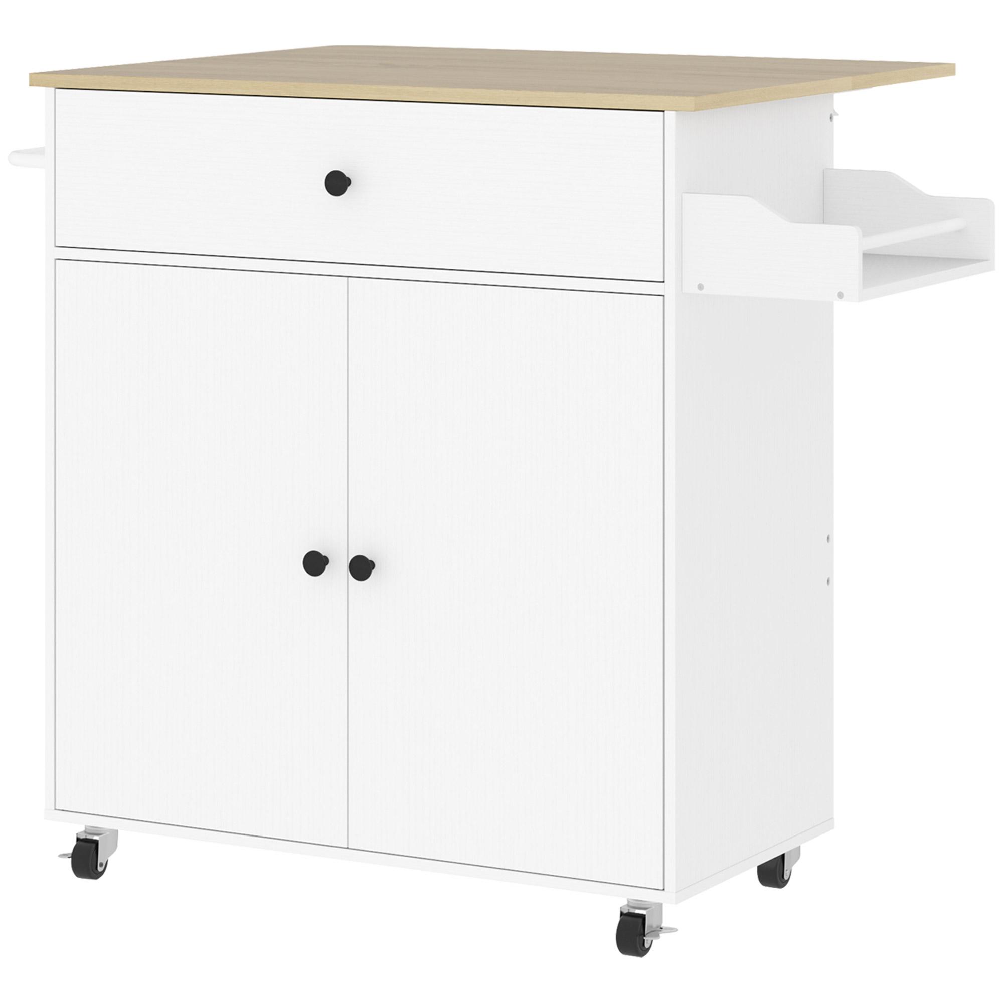 Ilha de Cozinha com Rodas com Lateral Dobrável Gaveta Suporte para Temperos e Prateleira Ajustável 106x42x87 cm Branco e Carvalho