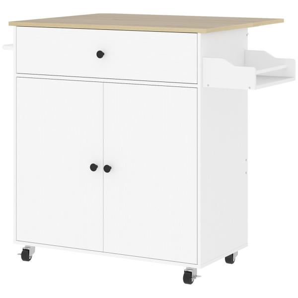 Ilha de Cozinha com Rodas com Lateral Dobrável Gaveta Suporte para Temperos e Prateleira Ajustável 106x42x87 cm Branco e Carvalho