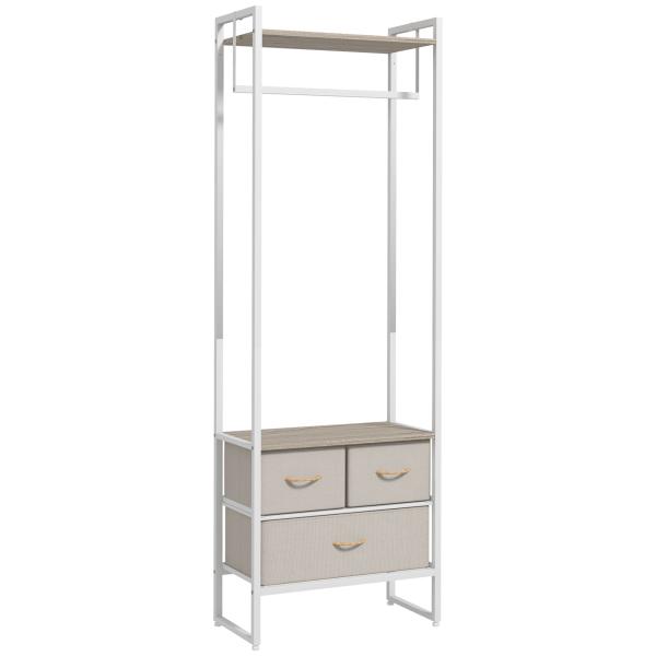 Suporte para Cabides com 3 Gavetas de Tecido Barra para Pendurar e Prateleira para Entrada Quarto 58,5x30x178 cm Natural
