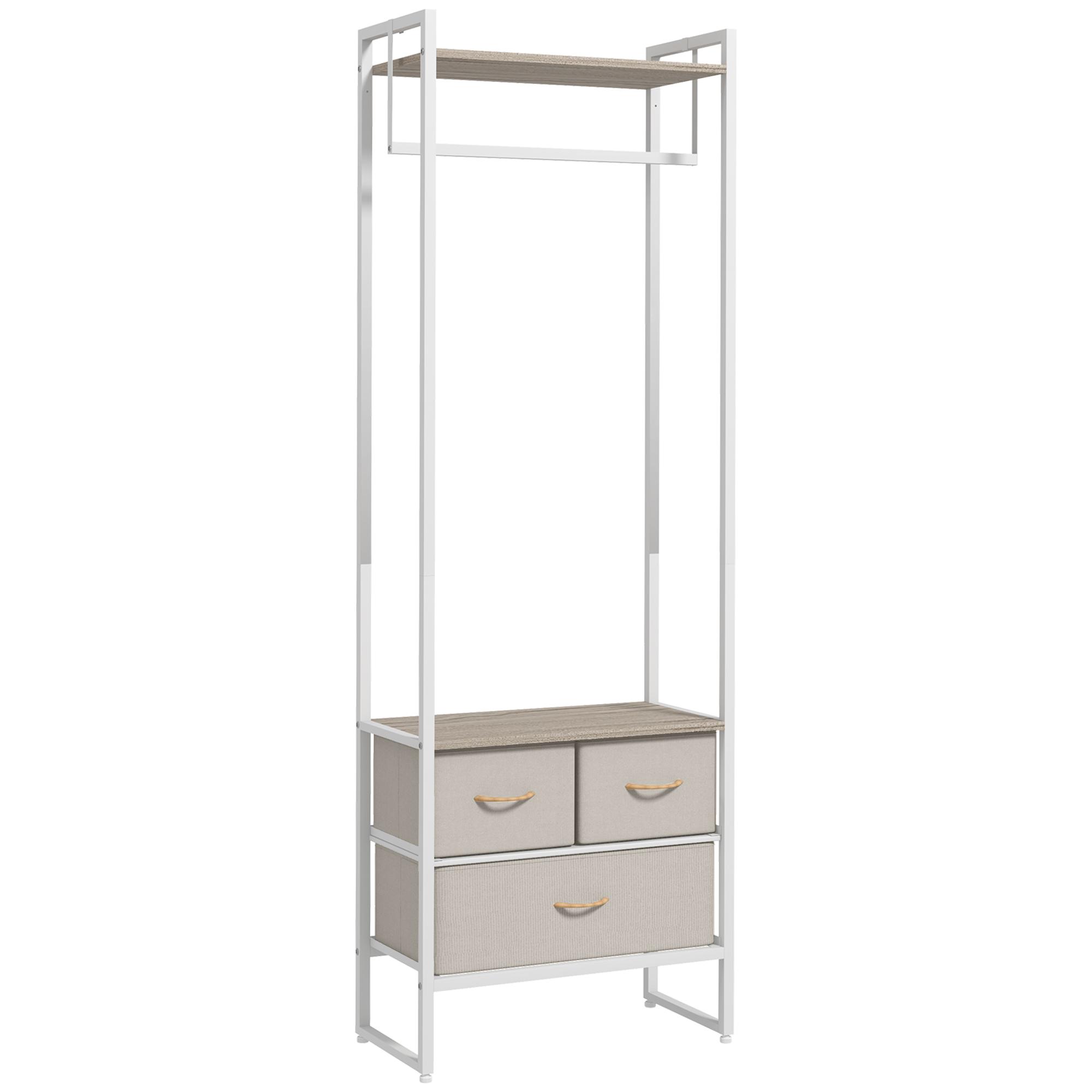 Suporte para Cabides com 3 Gavetas de Tecido Barra para Pendurar e Prateleira para Entrada Quarto 58,5x30x178 cm Natural