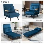 Poltrona Convertível em Cama Poltrona 3 em 1 Convertível em Cama com Encosto Ajustável em 5 Níveis 63x73x81 cm Azul