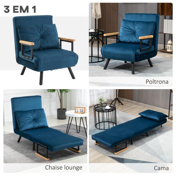 Poltrona Convertível em Cama Poltrona 3 em 1 Convertível em Cama com Encosto Ajustável em 5 Níveis 63x73x81 cm Azul