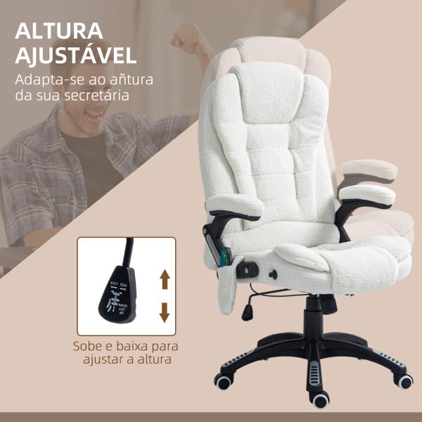 Cadeira de Massagem com 6 Pontos Reclinável até 130° com Função de Aquecimento Tecido em Borrego 67x74x107 - 116 cm Branco