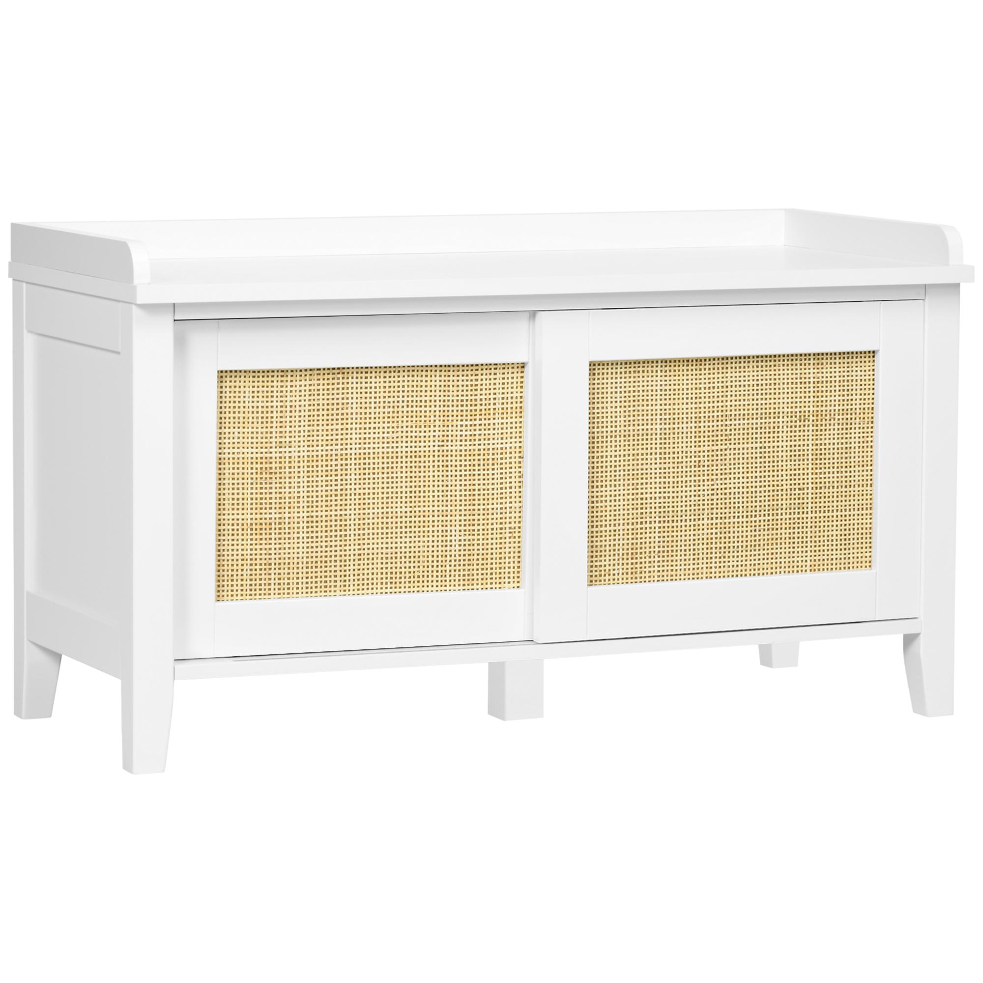 Banco Sapateira com 2 Portas de Vime Estilo Boémio Carga Máxima 130 kg para Corredor Entrada 80x35x45 cm Branco e Bege