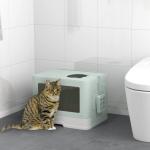 Caixa de Areia para Gatos Amovível com Pá Escova 2 Portas Entrada Principal e Saída Superior 48,5x38x36,5 cm Verde Claro