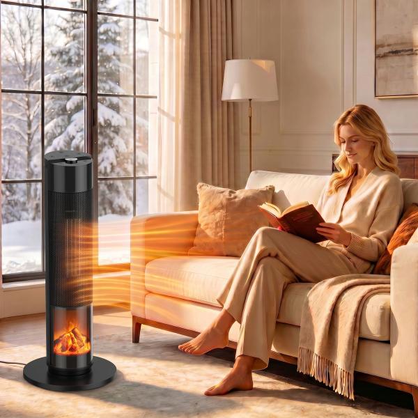 Aquecedor Elétrico Cerâmico PTC 2000W com 5 Modos, App Wi‑Fi, Chama 3D, Comando e Proteção contra Sobreaquecimento - Preto
