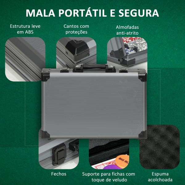 Mala de Póquer com 400 Fichas 2 Baralhos 5 Dados Tapete e Botão Dealer 39,5x28x8 cm Cinza