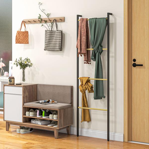 Toalheiro de 4 Níveis Toalheiro Casa de Banho com 4 Barras de Bambu e Estrutura de Aço 49x5,5x167,5 cm Preto e Madeira